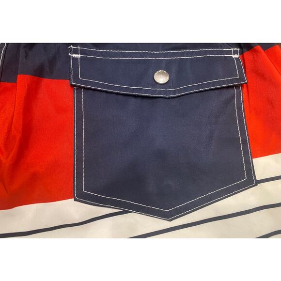 Lands End Red White Blue Stripe Swim Trunk Shorts Pockets Built-in Brief Large - Picture 9 of 11
